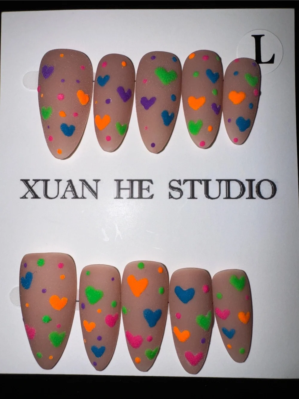 Nude Matte Press-On Nails with Neon Heart Accents